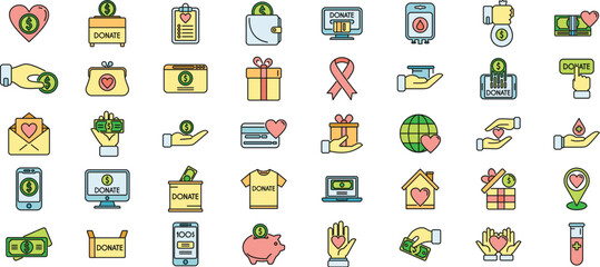 Charitable giving icons set outline vector. Donate food. Nonprofit sponsor thin line color flat isolated