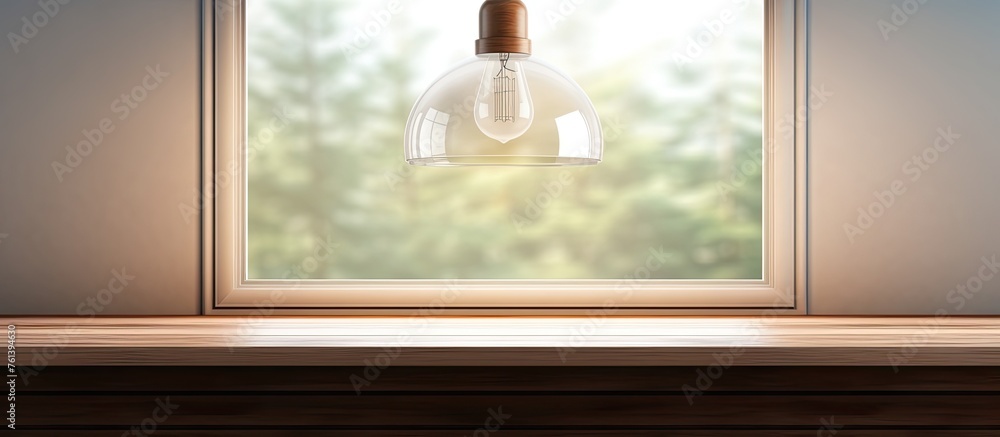 Poster a wooden fixture with a light bulb hangs from the ceiling in front of a window, casting a warm glow 