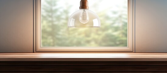 A wooden fixture with a light bulb hangs from the ceiling in front of a window, casting a warm glow on the hardwood flooring and shining through the rectangle of glass