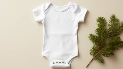 Soft white infant onesie mockup on cream background. Evergreen foliage, fir branch. Eco friendly bodysuit baby clothing flat lay. Blank romper template apparel. Babyhood concept image