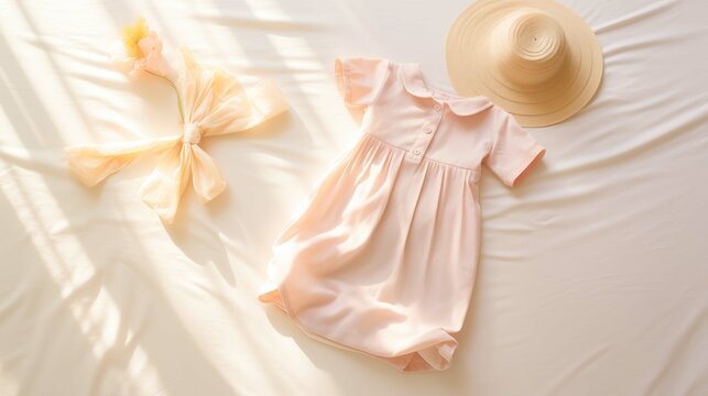 Soft peach baby dress with classic straw hat background image. Summertime attire wallpaper picture. Tranquil play of light and shadow photo backdrop. Babyhood concept composition top view