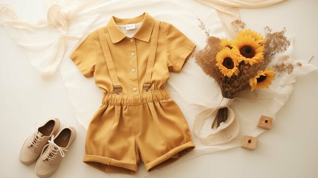 Cheerful mustard yellow playsuit with suspenders background image. Sunflowers and beige sneakers wallpaper picture. Sunny playdates photo backdrop. Babyhood concept composition top view