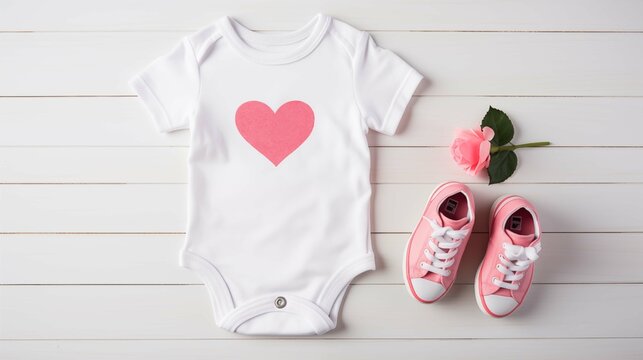 Heart-themed white onesie mockup on wooden background. Pink sneakers and rose. Romantic bodysuit baby clothing flat lay. Blank romper template apparel top view. Babyhood concept image