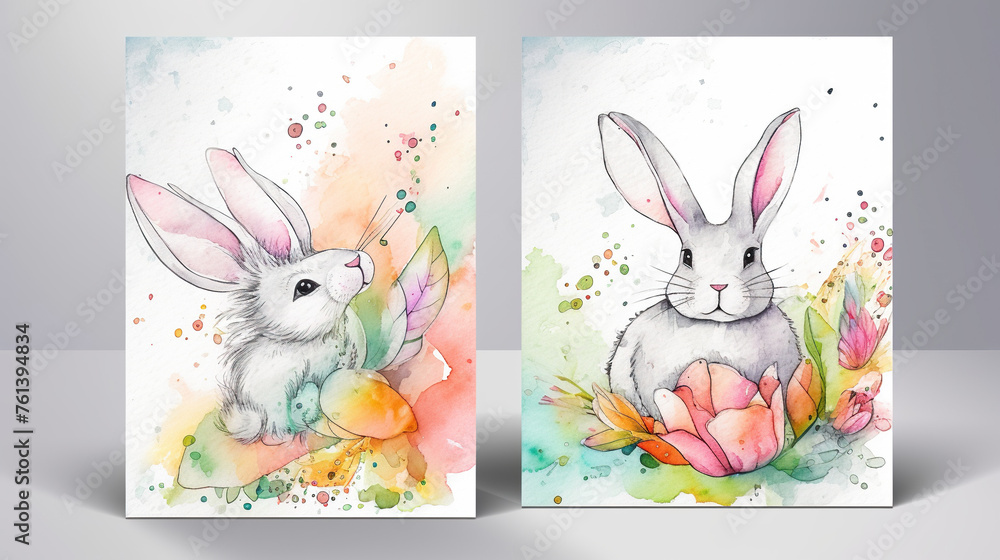 Wall mural happy easter rabbit or bunny and easter egg , greeting card, copy text space
