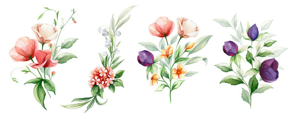 Set watercolor bouquet. Collection garden flowers, leaves, branches. Botanic illustration isolated on transparent background for wedding, greetings, wallpaper, fashion, background, wrappers, print.