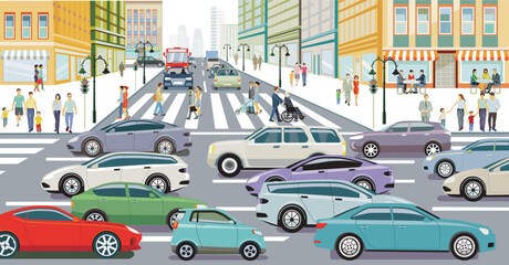 Stadtsilhouette einer Stadt mit Verkehr und Menschen,  illustration - 761394832