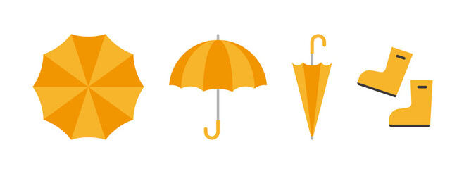 Yellow umbrella and rain boots object illustration set. A set of fashion accessories needed when it rains during the summer rainy season. © Tuesday04