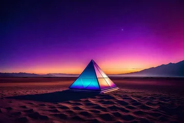 Foto op Plexiglas vintage purplre retrowave pyramid glowing  on desertic planet © eric