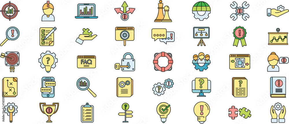 Poster problem solving icons set outline vector. business brainstorming. problem challenge thin line color 