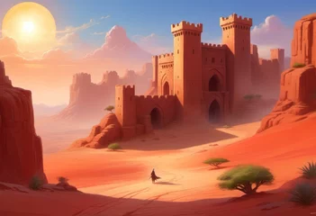 Papier Peint photo autocollant Rouge violet Brick castle in the middle of the desert and blue sky on the horizon