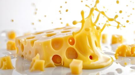 Cheddar cheese sauce splashing in the air on white background   ideal for culinary concepts. - obrazy, fototapety, plakaty