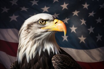 A North American bald eagle with an American flag, a symbol of freedom and independence, a space for text. A patriotic concept.