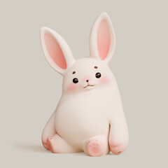 Simple fat cute funny kawaii fluffy cartoon white easter bunny with eyebrows, pink ears, cheeks, soft paws in sitting playful pose. Lovely adorable pet in minimal style. 3d render in pastel colors.
