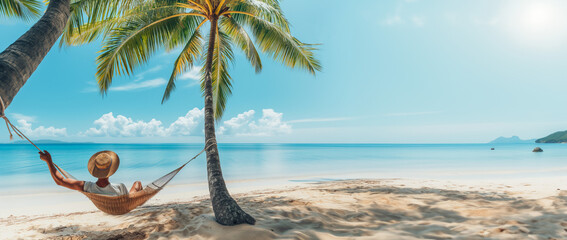 Man relaxes on a hammock between palm trees with the turquoise sea and blue summer sky. Beach relaxation. Tropical paradise. Panoramic banner with copyspace