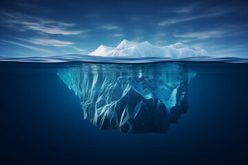 Iceberg concept, an iceberg floating in the ocean with half of it visible above and another part under water. Generative AI