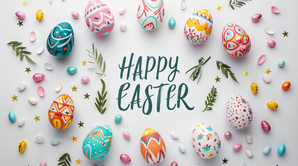 happy easter rabbit or bunny and easter egg , greeting card,  with Happy Easter font or text greetings 
