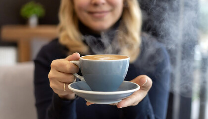 Woman holding a cup of coffee. Coffee drinking habit, benefits and harms of coffee - obrazy, fototapety, plakaty