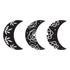 Three vector floral moons in black and white colors with flowers, stars and leaves inside
