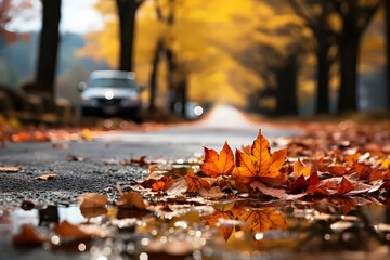 Yellow maple leaves falling on ground in middle of the road in autumn with blurred background. Realistic clipart template pattern. Background Abstract Texture. colorful autumn leaves	