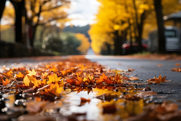 Naklejka na ściany i meble Yellow maple leaves falling on ground in middle of road in autumn with blurred background. Background Abstract Texture. colorful autumn leaves. Realistic clipart template pattern.