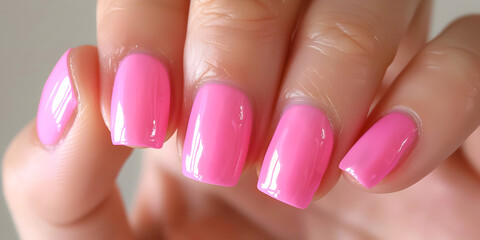 Female hands stylish design baby pink color nail polish manicure. on perfect long nails blurred background