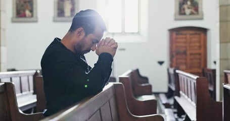 Mexican man, funeral and praying at church with sadness, alone and religion for grief with comfort, gratitude and respect. Death, spiritual and gratitude before memorial service or wake for farewell