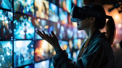Woman using VR headset touching interface of futuristic digital screens with multimedia content.