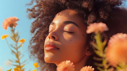 Serene young woman with eyes closed, surrounded by nature and bathed in golden sunlight, evoking peace and mindfulness.