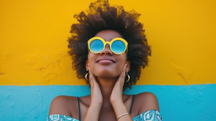 Young woman with afro hair wearing yellow sunglasses against a vibrant yellow wall, exuding happiness and style. - obrazy, fototapety, plakaty