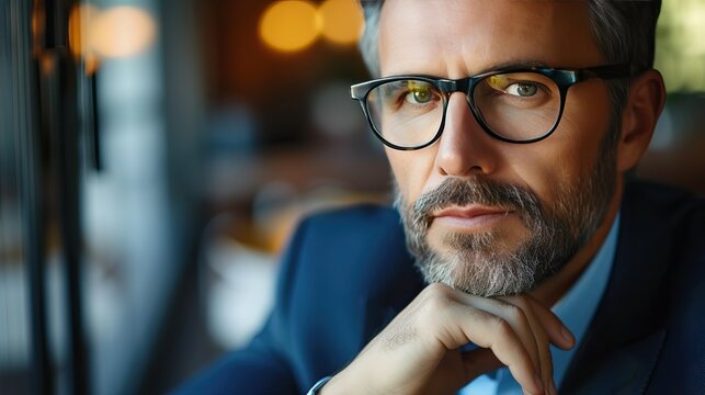 A man wearing a sophisticated suit and glasses gazes pensively into the distance, embodying ambition and forward-thinking.