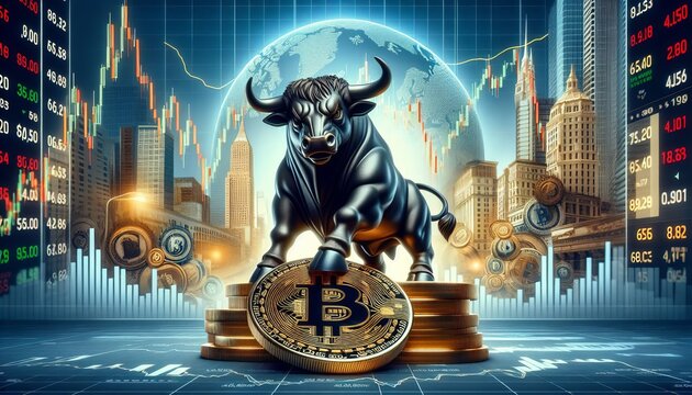 Bitcoin-B&ouml;rsenbulle vor einem Chartbild