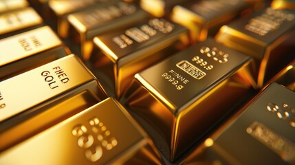Stacks of many shiny gold bars.