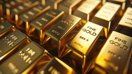Stacks of many shiny gold bars.