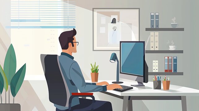 Man is sitting at desktop, Work the computer, Flat style illustration.