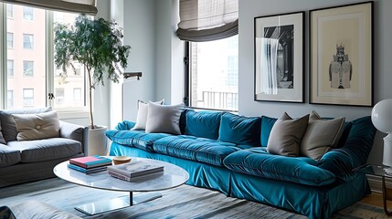 t blue fabric sofa situated against the far wall. Its plush cushions beckoned invitingly, contrasting beautifully with the sleek gray three-seater adjacent to it  attractive look - obrazy, fototapety, plakaty