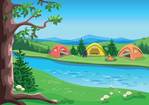 Bright tents in the valley near the river. Camping. Recreation with tents in nature. Travel and active recreation with friends. An image of relaxation and travel. Vector illustration.