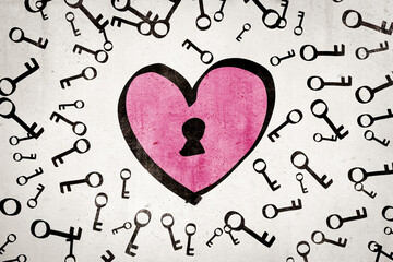 Pink heart with keyhole surrounded by keys