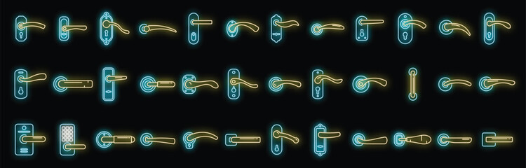 Door handles icons set outline vector. Domestic control. Electric doorknob neon color isolated - obrazy, fototapety, plakaty