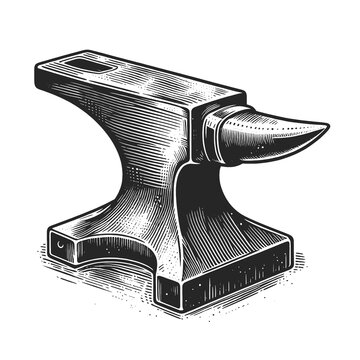 recommend clip art: Vintage blacksmith anvil, depicted in an engraved style. Sketch engraving generative ai raster illustration. Scratch board imitation. Black and white image.