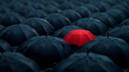 A lone red umbrella amidst a sea of black umbrellas,  symbolizing uniqueness and individuality