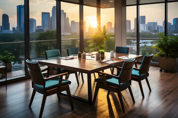 High level meeting of executive room is decorated with stylish table and chairs around. On high rise building, city view with bright sky clouds. Conference room is ready for next level.	