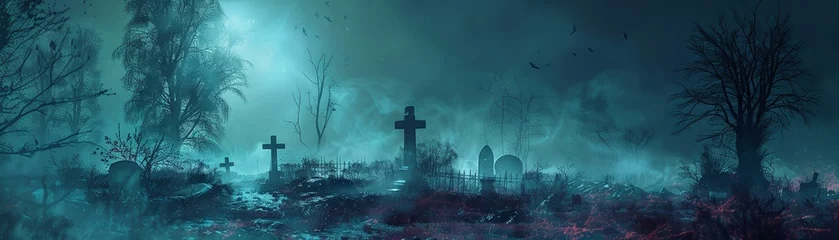 Türaufkleber Mysterious grave, zombie mafia's secret meeting, night, wide shot, dense fog, Pop art © Wonderful Studio