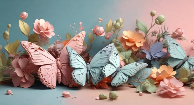 3d render, digital illustration butterfly, vivid paper flowers, decorative floral design elements, clip art set, festive decor, isolated on light background