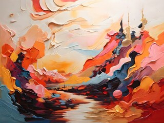 Abstract painting of rivers and autumn mountains