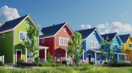 A group of identical houses in a suburban neighborhood with one house painted in vibrant colors,  highlighting differentiation - obrazy, fototapety, plakaty