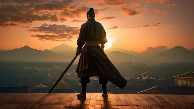 A samurai stands holding a sword during the sunset
