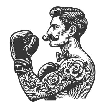 Old fashioned Vintage Boxer with tattoo Gloves gentleman man classic mustache sketch engraving generative ai fictional character raster illustration. Scratch board imitation. Black and white image.