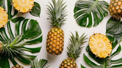 Tropical Pineapples and Leaves Flat Lay