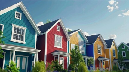 A group of identical houses in a suburban neighborhood with one house painted in vibrant colors,  highlighting differentiation - obrazy, fototapety, plakaty