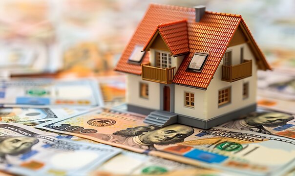 Global Real Estate Valuation, Macro Close-Up of Model House Amid Currency Stacks